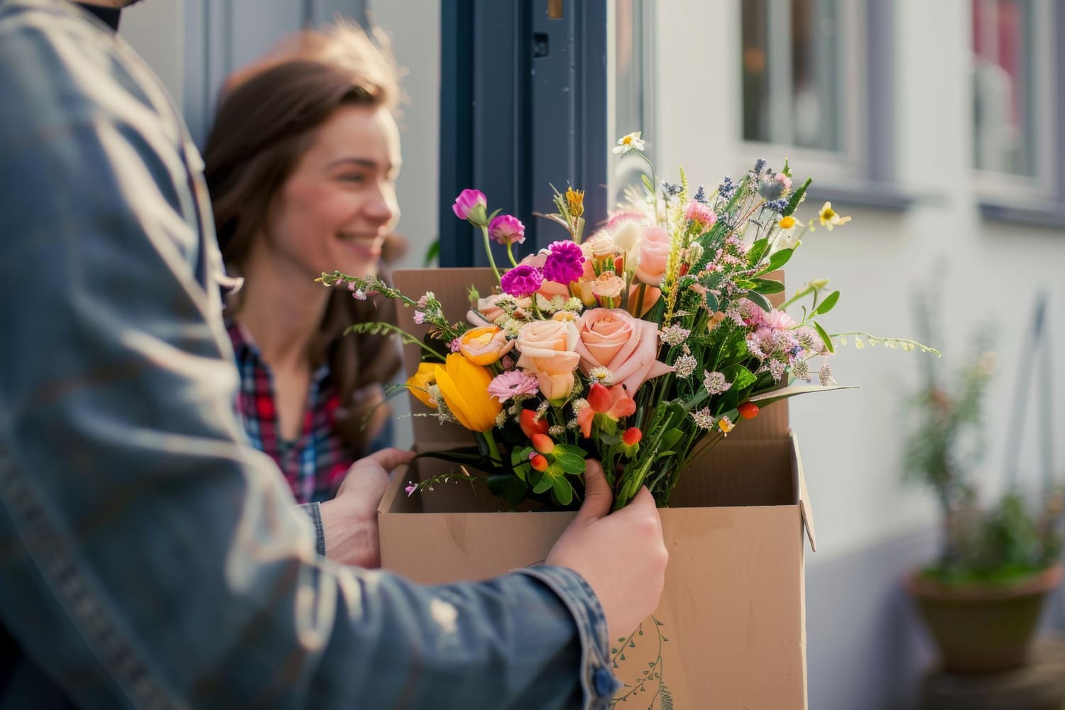 man holding flowers above a delivery box